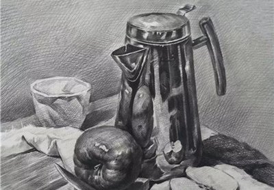 素描静物之不锈钢器皿绘画步骤