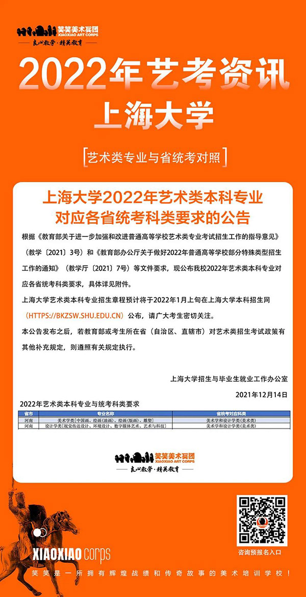 上海大学2022年艺术类本科专业对应各省统考科类要求的公告