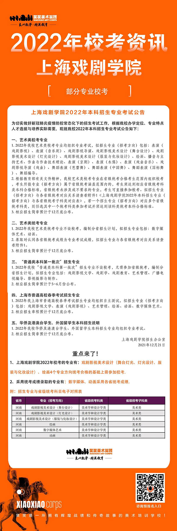 2022年上海戏剧学院部分专业校考公告